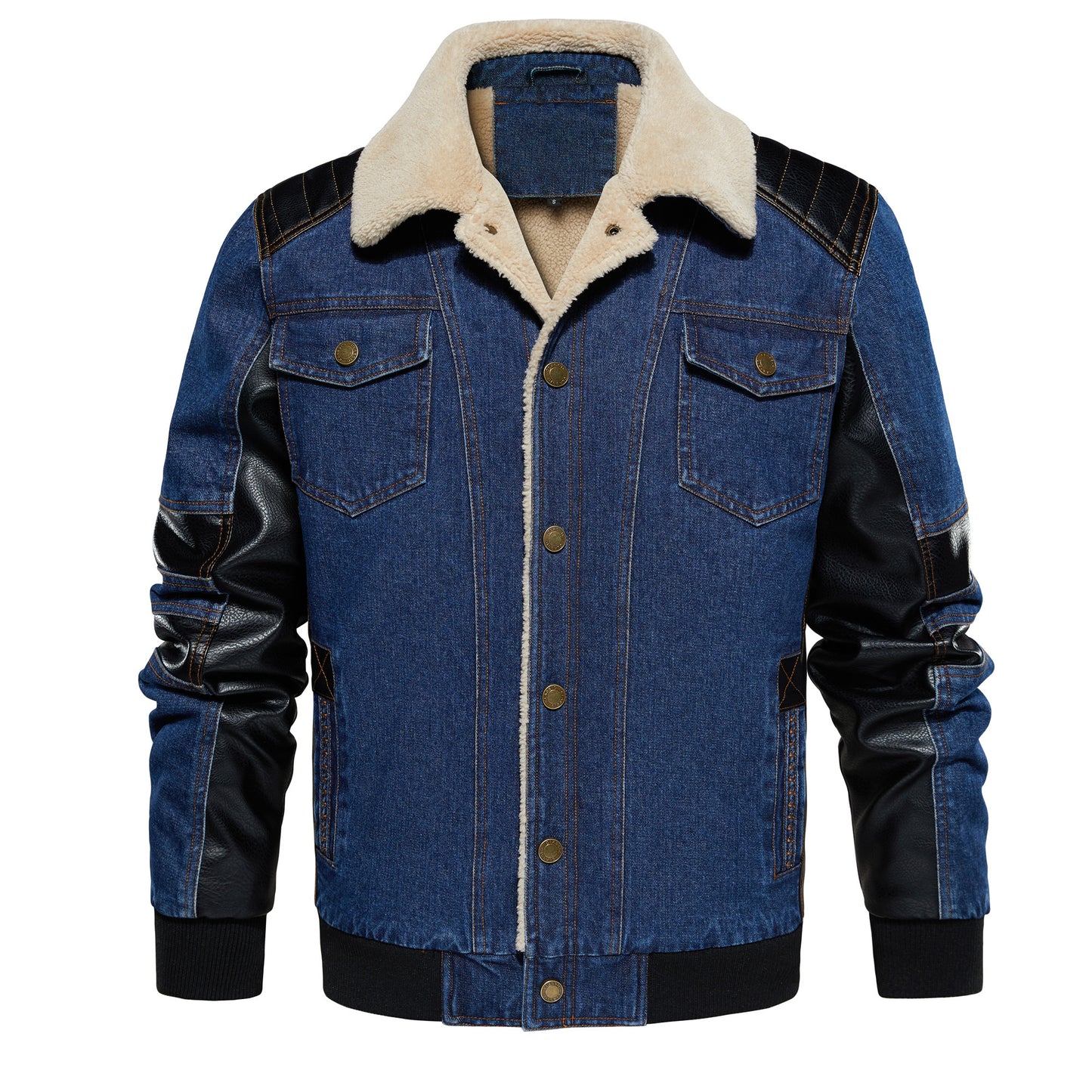 Men's Thickened Work Jacket, Denim - Patchwork Collared Multi - Pocket Autumn & Winter Jacket