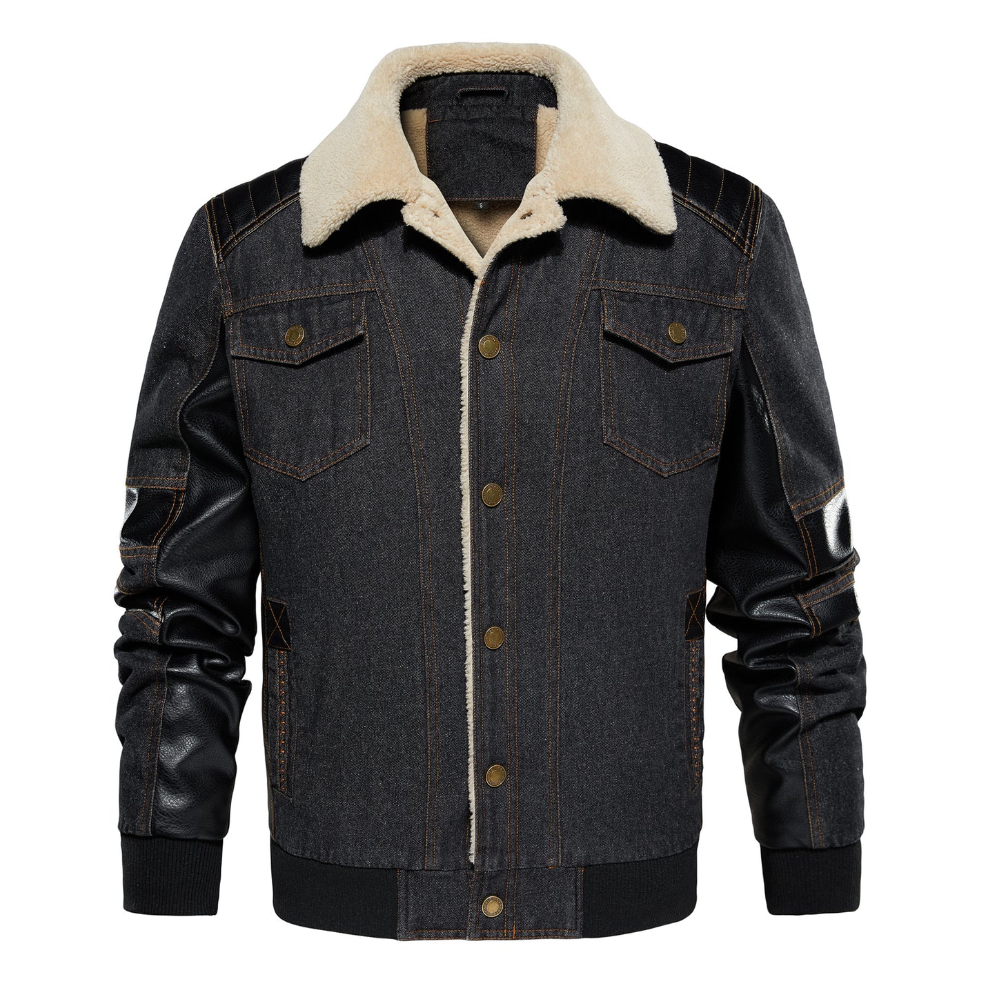Men's Thickened Work Jacket, Denim - Patchwork Collared Multi - Pocket Autumn & Winter Jacket